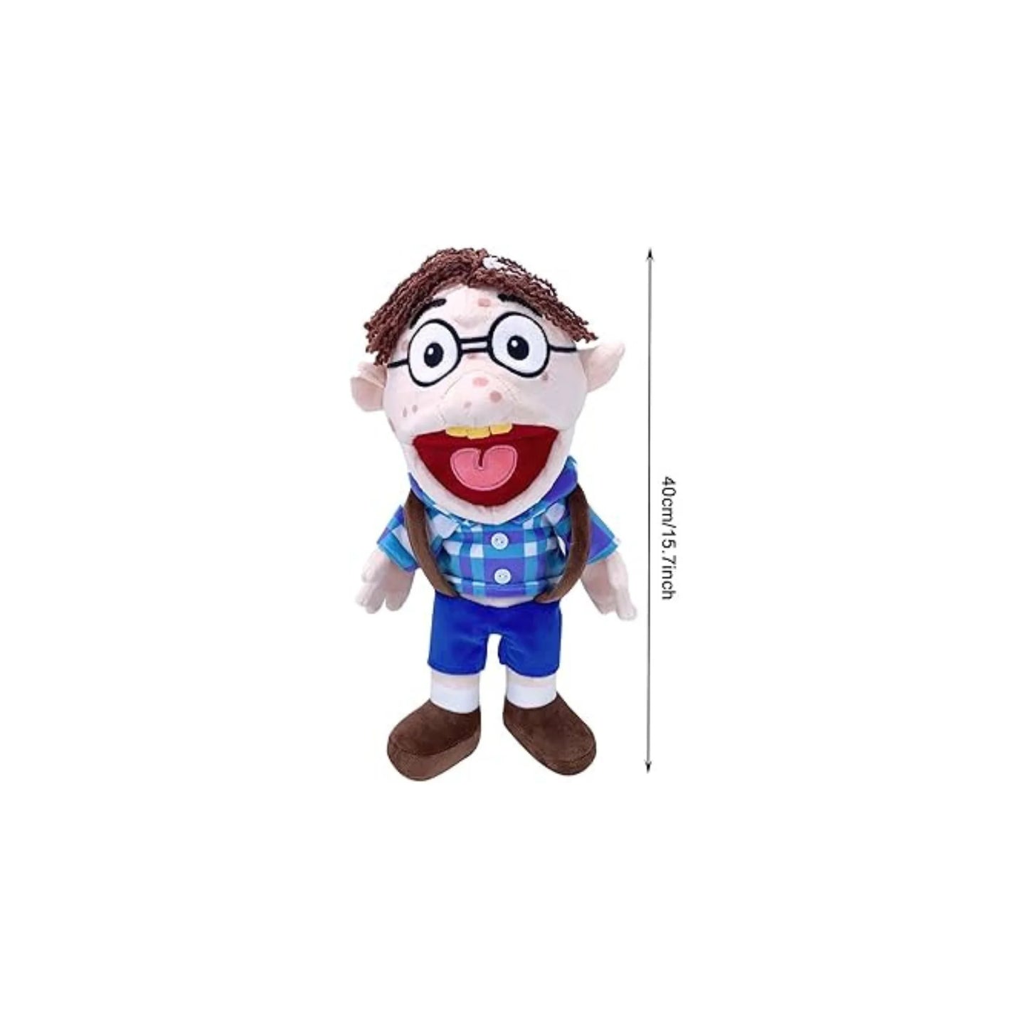 Jeffy Blue Dress Plush Puppet for Kids – 15.7-Inch Interactive Toy with Glasses and Suspenders